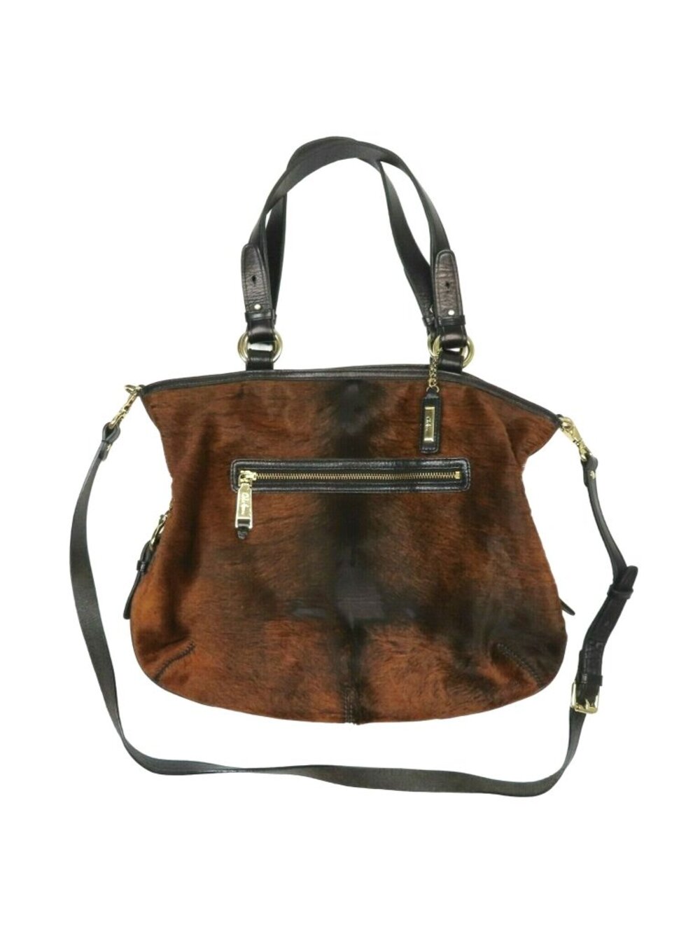 Cole Haan Tantivy Chestnut Brown Haircalf Cowhide Shoulder Bag Purse Handbag